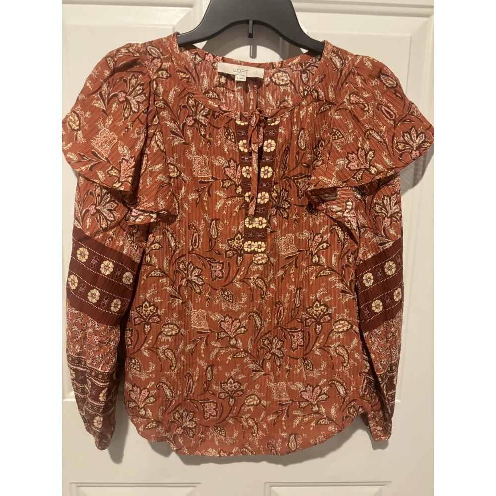 Loft Top Ruffle Shoulder Boho Burnt Orange Terracotta Floral Tie Neck‎ Blouse SM